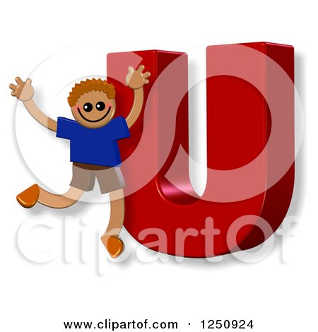 Clipart of a 3d Capital Letter U and Happy Running Boy - Royalty Free Illustration by Prawny