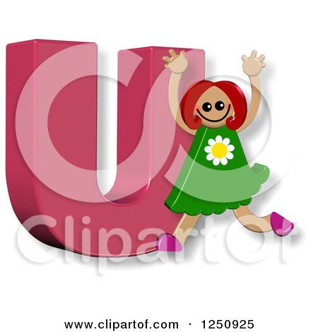 Clipart of a 3d Capital Letter U and Happy Running Girl - Royalty Free Illustration by Prawny