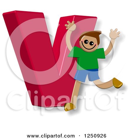 Clipart of a 3d Capital Letter V and Happy Running Boy - Royalty Free Illustration by Prawny