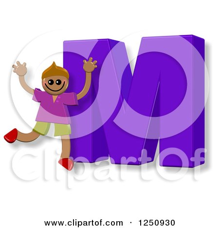 Clipart of a 3d Capital Letter M and Happy Running Boy - Royalty Free Illustration by Prawny