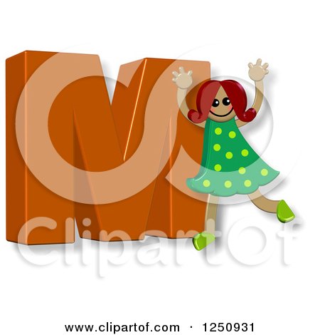 Clipart of a 3d Capital Letter M and Happy Running Girl - Royalty Free Illustration by Prawny