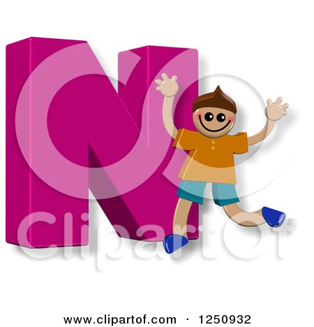 Clipart of a 3d Capital Letter N and Happy Running Boy - Royalty Free Illustration by Prawny