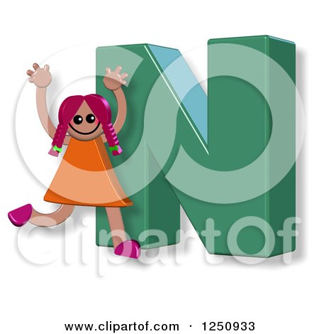 Clipart of a 3d Capital Letter N and Happy Running Girl - Royalty Free Illustration by Prawny