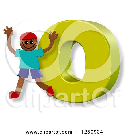 Clipart of a 3d Capital Letter O and Happy Running Boy - Royalty Free Illustration by Prawny