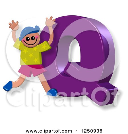 Clipart of a 3d Capital Letter Q and Happy Running Boy - Royalty Free Illustration by Prawny