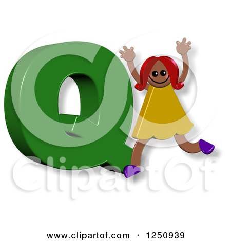 Clipart of a 3d Capital Letter Q and Happy Running Girl - Royalty Free Illustration by Prawny