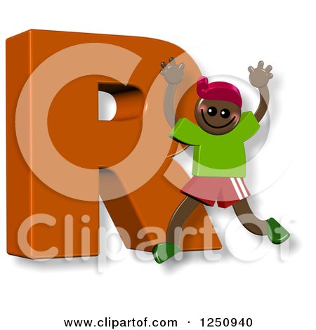 Clipart of a 3d Capital Letter R and Happy Running Boy - Royalty Free Illustration by Prawny