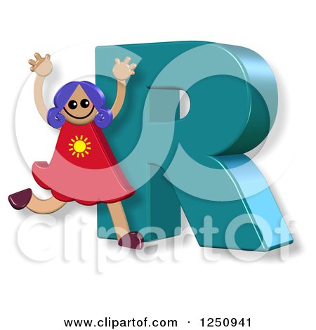 Clipart of a 3d Capital Letter R and Happy Running Girl - Royalty Free Illustration by Prawny
