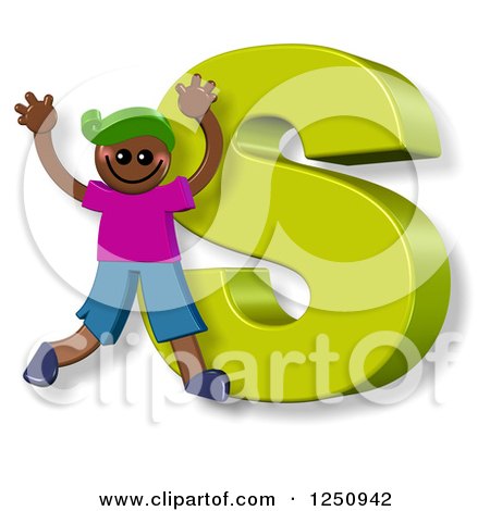 Clipart of a 3d Capital Letter S and Happy Running Boy - Royalty Free Illustration by Prawny