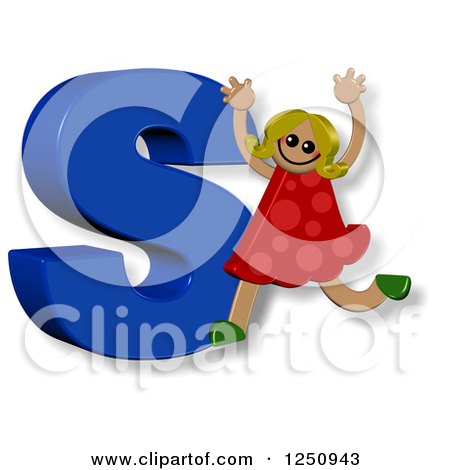 Clipart of a 3d Capital Letter S and Happy Running Girl - Royalty Free Illustration by Prawny