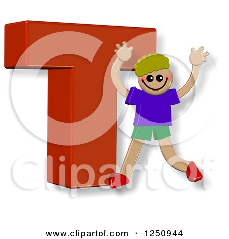 Clipart of a 3d Capital Letter T and Happy Running Boy - Royalty Free Illustration by Prawny