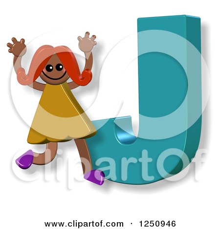 Clipart of a 3d Capital Letter J and Happy Running Girl - Royalty Free Illustration by Prawny