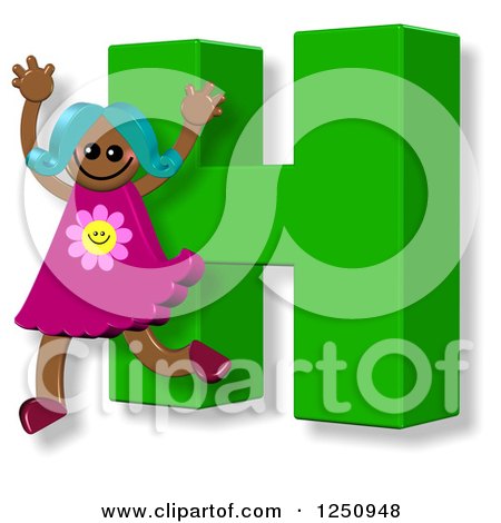 Clipart of a 3d Capital Letter H and Happy Running Girl - Royalty Free Illustration by Prawny