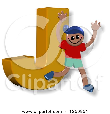 Clipart of a 3d Capital Letter J and Happy Running Boy - Royalty Free Illustration by Prawny