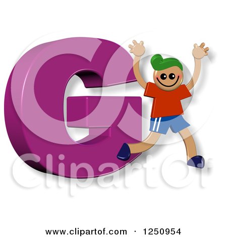Clipart of a 3d Capital Letter G and Happy Running Boy - Royalty Free Illustration by Prawny