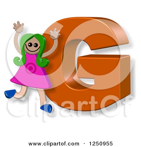 Clipart of a 3d Capital Letter G and Happy Running Girl - Royalty Free Illustration by Prawny