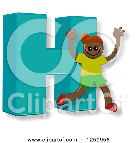 Clipart of a 3d Capital Letter H and Happy Running Boy - Royalty Free Illustration by Prawny