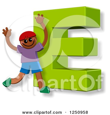 Clipart of a 3d Capital Letter E and Happy Running Boy - Royalty Free Illustration by Prawny