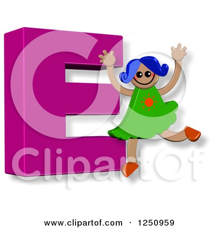 Clipart of a 3d Capital Letter E and Happy Running Girl - Royalty Free Illustration by Prawny
