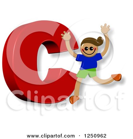 Clipart of a 3d Capital Letter C and Happy Running Boy - Royalty Free Illustration by Prawny