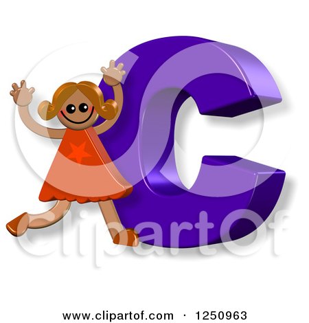 Clipart of a 3d Capital Letter C and Happy Running Girl - Royalty Free Illustration by Prawny