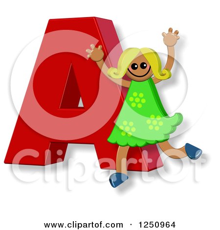 Clipart of a 3d Capital Letter a and Happy Running Girl - Royalty Free Illustration by Prawny
