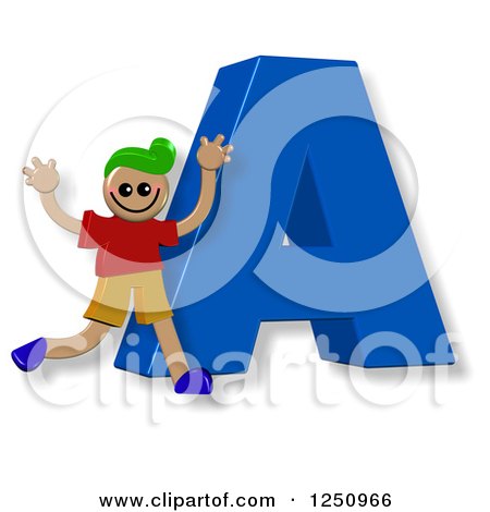 Clipart of a 3d Capital Letter a and Happy Running Boy - Royalty Free Illustration by Prawny