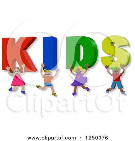 Clipart of 3d Children and Holding up KIDS Text - Royalty Free Illustration by Prawny
