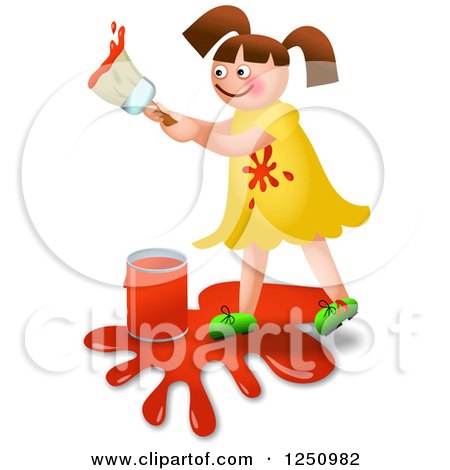 Clipart of a Happy Brunette Girl Painting Red - Royalty Free Illustration by Prawny