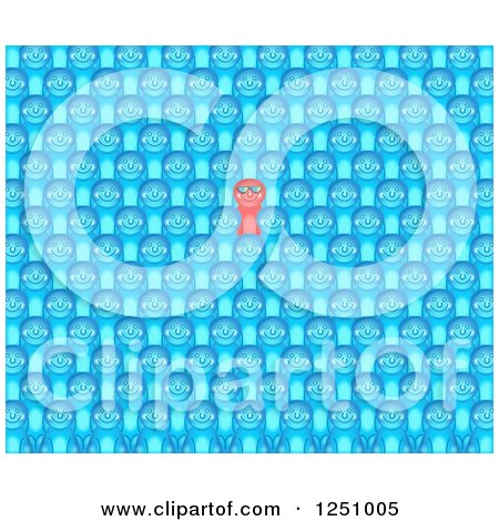 Clipart of a Happy Red Person Wearing Sunglasses and Standing out from a Crowd of Blue People - Royalty Free Illustration by Prawny