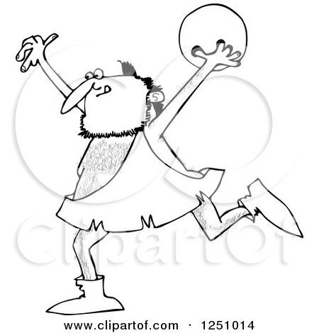 Clipart of a Black and White Caveman Running with a Bowling Ball - Royalty Free Vector Illustration by djart