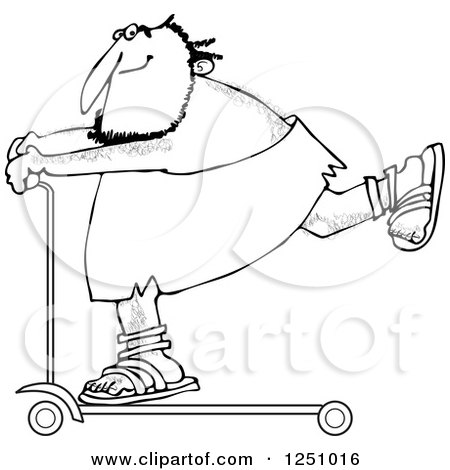 Clipart of a Black and White Caveman on a Scooter - Royalty Free Vector Illustration by djart