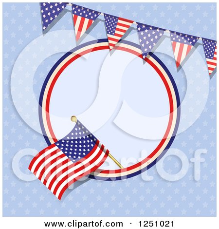 Clipart of a Patriotic American Flag in a Circle with a Bunting Banner over Blue - Royalty Free Vector Illustration by elaineitalia