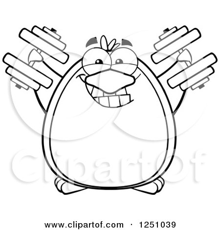 Clipart of a Black and White Penguin Character Working out with Dumbbells - Royalty Free Vector Illustration by Hit Toon