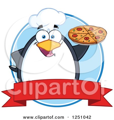 Clipart of a Chef Penguin Character Holding a Pizza over a Ribbon Banner - Royalty Free Vector Illustration by Hit Toon