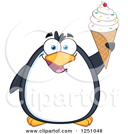 Clipart of a Penguin Character Holding up a Waffle Cone - Royalty Free Vector Illustration by Hit Toon
