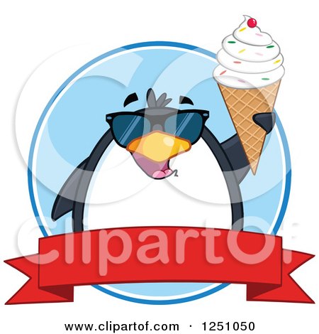 Clipart of a Penguin Character in Sunglasses Holding up a Waffle Cone over a Red Banner - Royalty Free Vector Illustration by Hit Toon