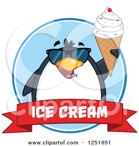 Clipart of a Penguin Character in Sunglasses Holding up a Waffle Cone over a Red Ice Cream Banner - Royalty Free Vector Illustration by Hit Toon