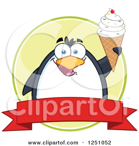 Clipart of a Penguin Character Holding up a Waffle Cone over a Banner - Royalty Free Vector Illustration by Hit Toon