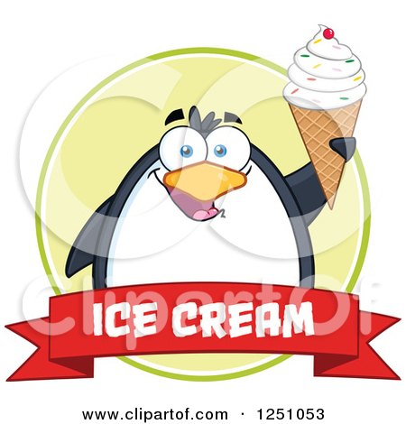 Clipart of a Penguin Character Holding up a Waffle Cone over a Red Ice Cream Banner - Royalty Free Vector Illustration by Hit Toon