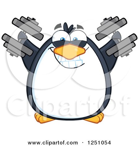 Clipart of a Penguin Character Working out with Dumbbells - Royalty Free Vector Illustration by Hit Toon