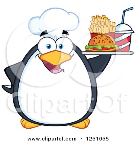 Clipart of a Chef Penguin Character Holding a Tray of Fast Food - Royalty Free Vector Illustration by Hit Toon