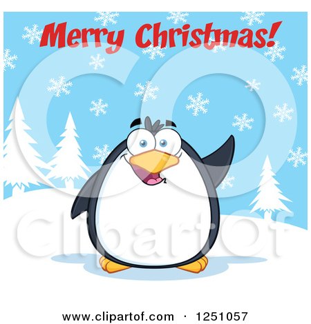 Clipart of a Penguin Character Waving Under Merry Christmas Text - Royalty Free Vector Illustration by Hit Toon