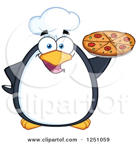 Clipart of a Chef Penguin Character Holding a Pizza - Royalty Free Vector Illustration by Hit Toon
