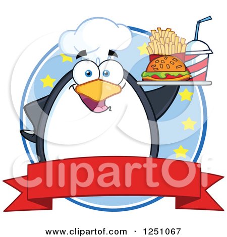 Clipart of a Chef Penguin Character Holding a Tray of Fast Food over a Banner - Royalty Free Vector Illustration by Hit Toon
