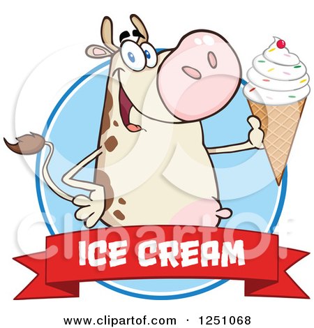 Clipart of a Beige Dairy Cow Holding up a Waffle Ice Cream Cone over a Banner with Text - Royalty Free Vector Illustration by Hit Toon