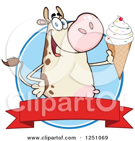 Clipart of a Beige Dairy Cow Holding up a Waffle Ice Cream Cone over a Red Banner - Royalty Free Vector Illustration by Hit Toon