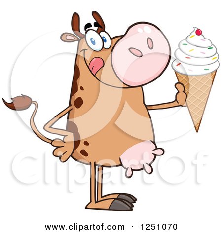 Clipart of a Brown Dairy Cow Holding up a Waffle Ice Cream Cone with Sprinkles - Royalty Free Vector Illustration by Hit Toon