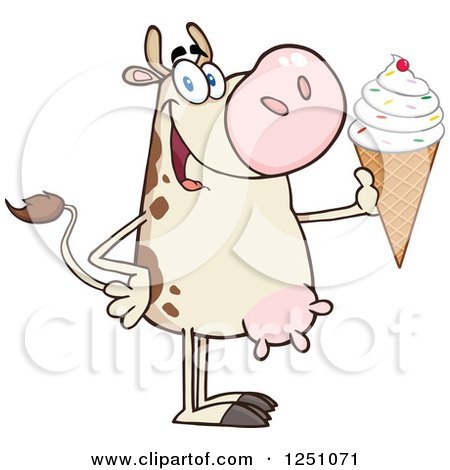 Clipart of a Beige Dairy Cow Holding up a Waffle Ice Cream Cone with Sprinkles - Royalty Free Vector Illustration by Hit Toon
