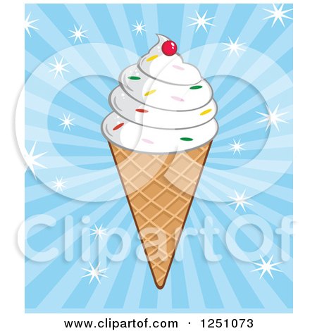 Clipart of a Waffle Ice Cream Cone with Sprinkles and Vanilla Frozen Yogurt over Blue Burst - Royalty Free Vector Illustration by Hit Toon